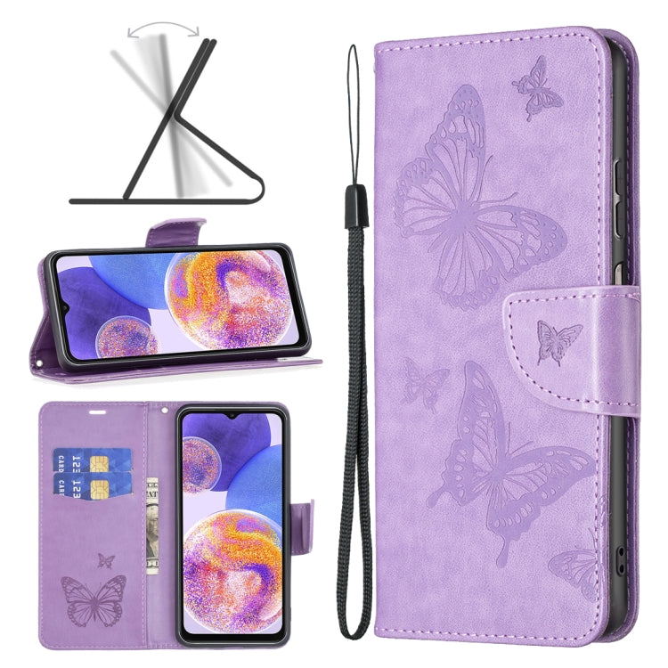 Two-butterfly embossed leather phone case with flip cover and wrist strap, purple