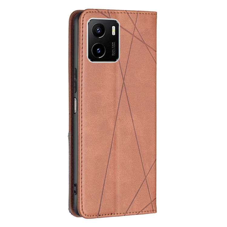Brown magnetic leather flip phone case with rhombus texture and camera cutout window