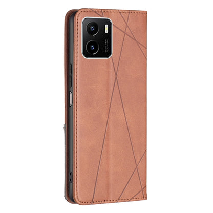 Brown magnetic leather flip phone case with rhombus texture and camera cutout window
