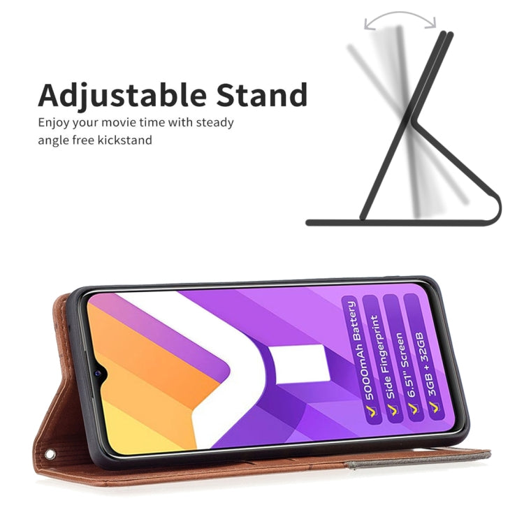 Brown magnetic leather flip phone case with rhombus texture, used as a stand