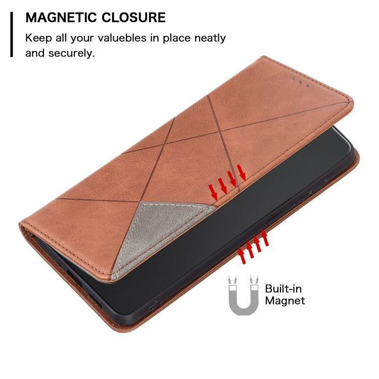 Brown magnetic leather flip phone case with magnetic closure and rhombus texture