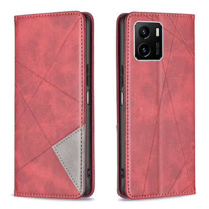 Red magnetic leather flip phone case with rhombus texture and gray card pocket panel