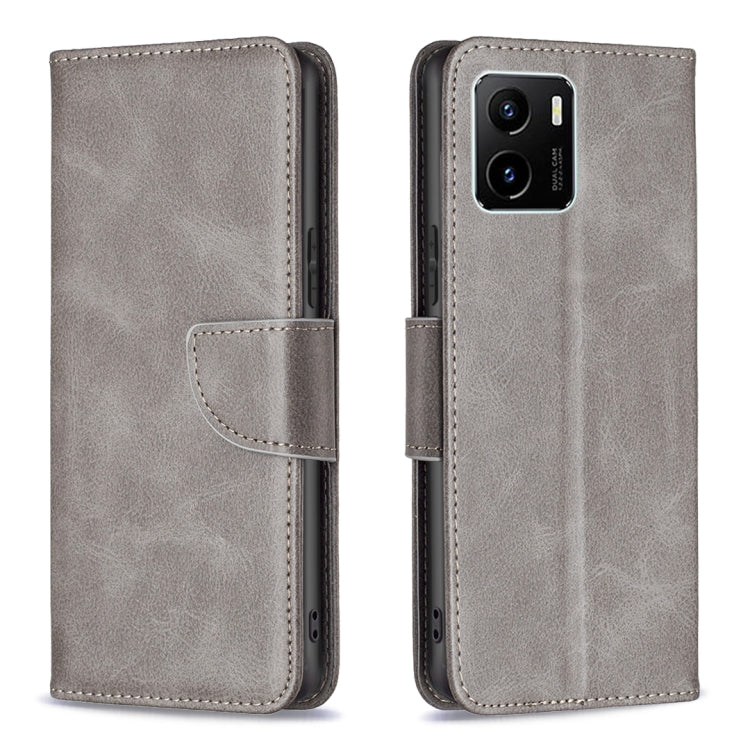 Grey lambskin leather flip phone case with magnetic strap and card slot