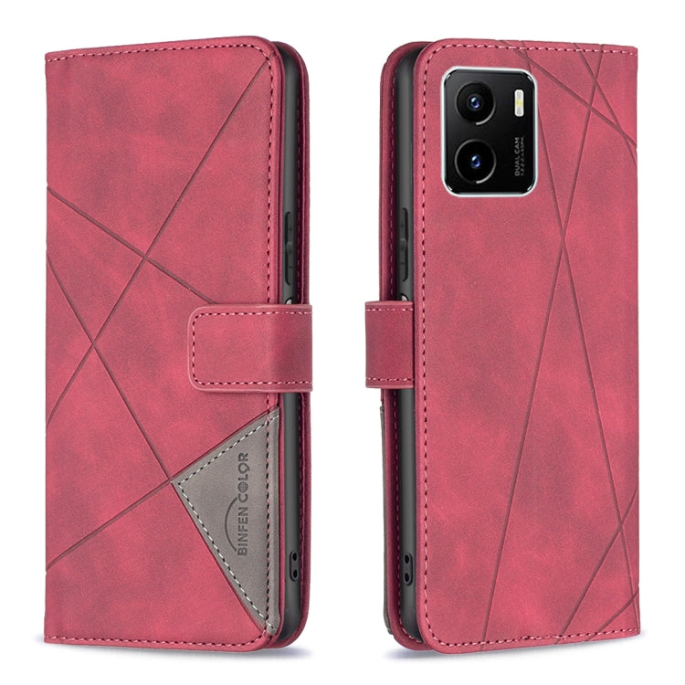Red leather flip phone case with rhombus texture and magnetic buckle closure