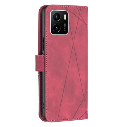 Red leather flip phone case with rhombus texture and camera cutout