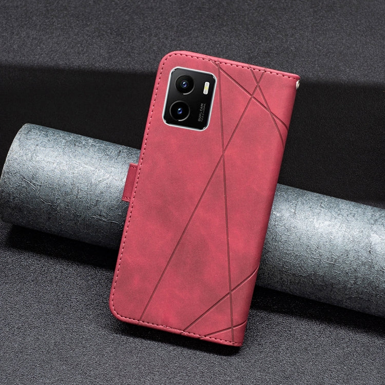 Red leather flip phone case with rhombus texture and camera window