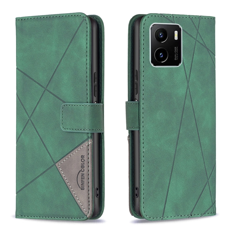 Green leather flip phone case with rhombus texture and magnetic buckle closure