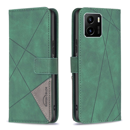 Green leather flip phone case with rhombus texture and magnetic buckle closure