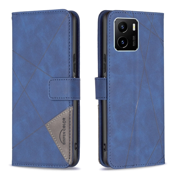 Blue leather flip phone case with rhombus texture and magnetic buckle closure