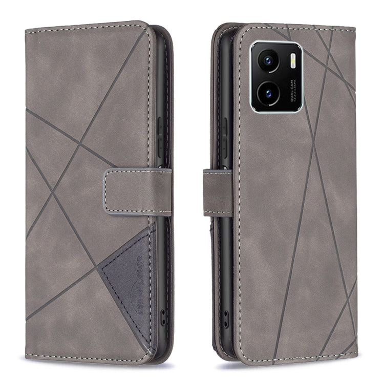 Grey rhombus-texture magnetic flip leather phone case, side cutouts visible, for vivo Y15s
