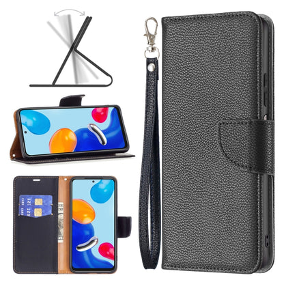 Black litchi-texture leather wallet phone case with wrist strap and folio flap.