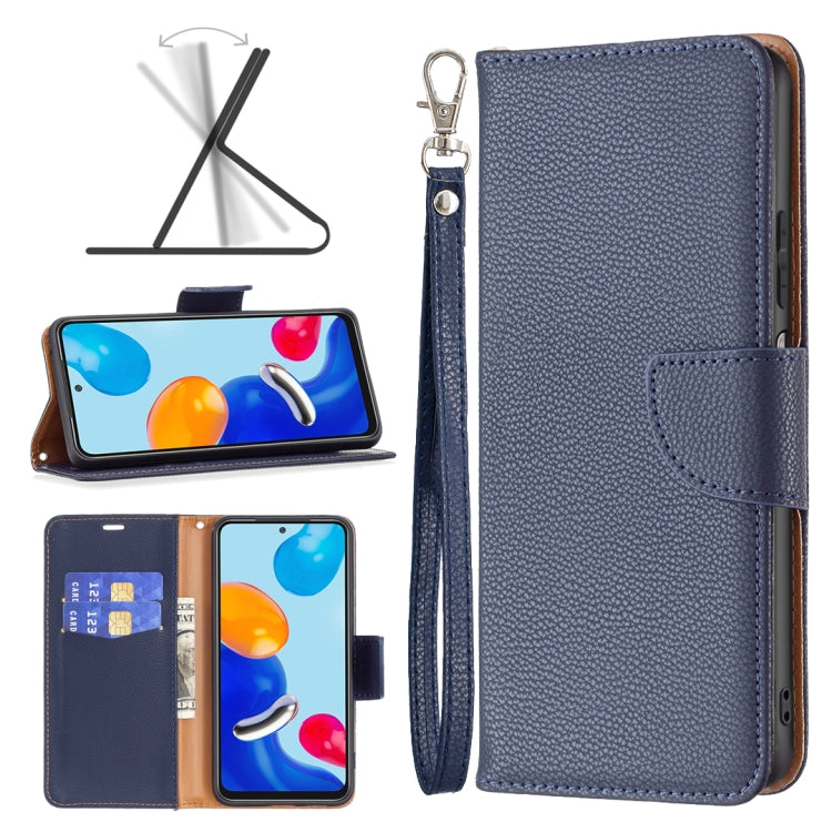 Blue litchi-texture leather wallet phone case with wrist strap and card window.