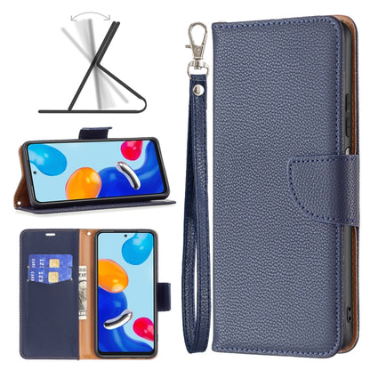 Blue litchi-texture leather wallet phone case with wrist strap and card window.