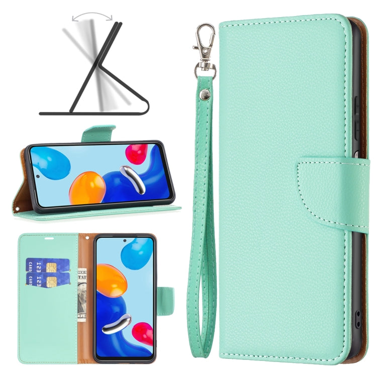 Mint textured leather phone folio case with wrist strap and front card holder.
