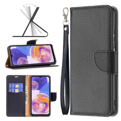 Black litchi-texture leather wallet phone case with wrist strap and folio pocket.