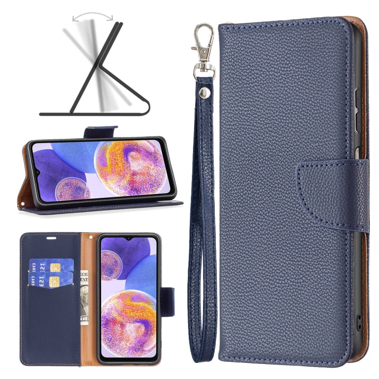 Light blue litchi-texture leather wallet phone case with folio flap and wrist strap.
