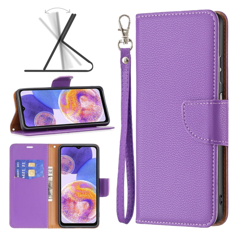 Lavender-purple textured leather phone folio case with wrist strap and card slot.