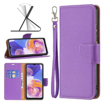 Lavender-purple textured leather phone folio case with wrist strap and card slot.