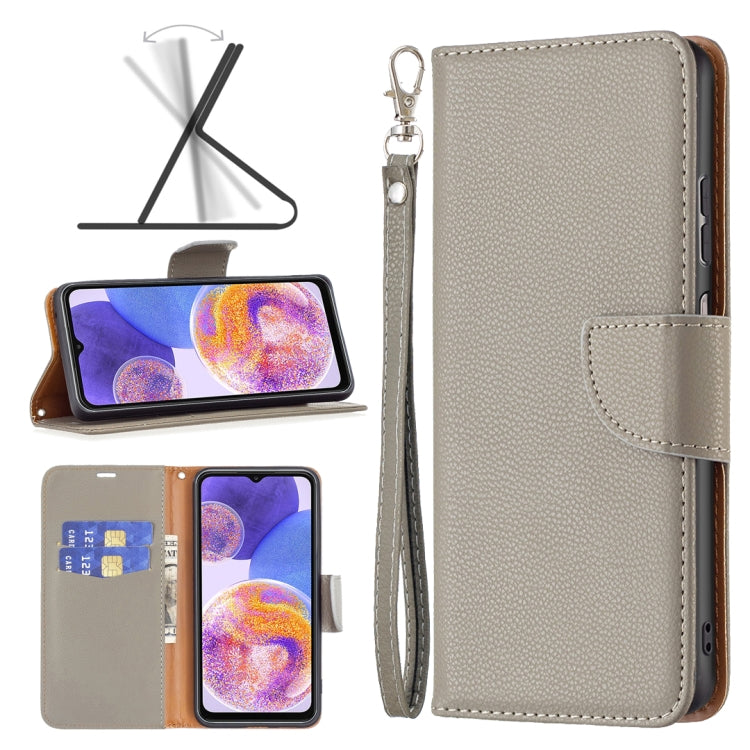 Light grey textured leather phone folio case with wrist strap and card slot.