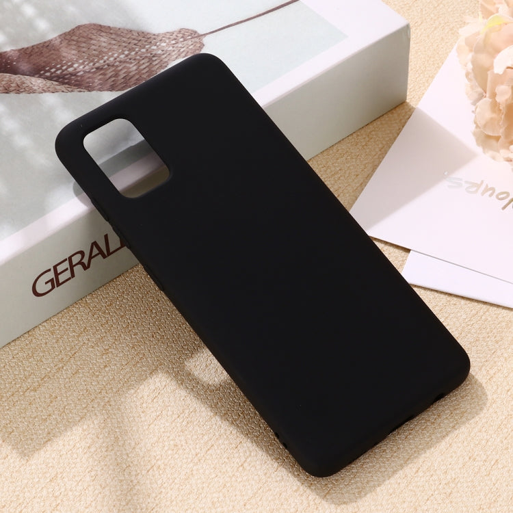 Liquid silicone phone case with raised camera area and side cutouts (black).