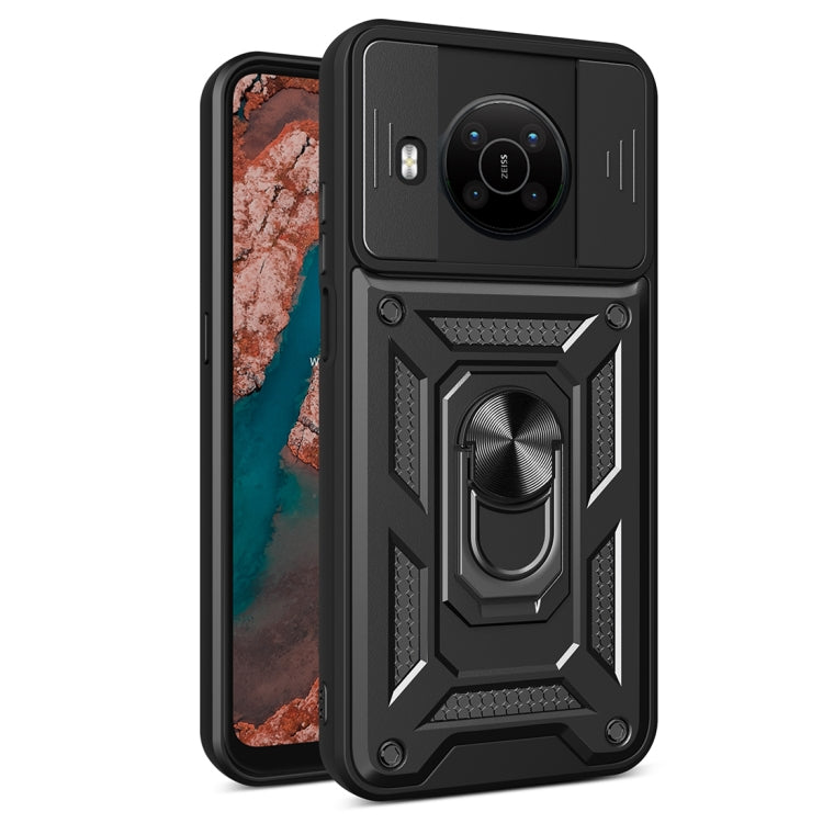 Rugged black phone case with sliding camera cover and built-in ring stand