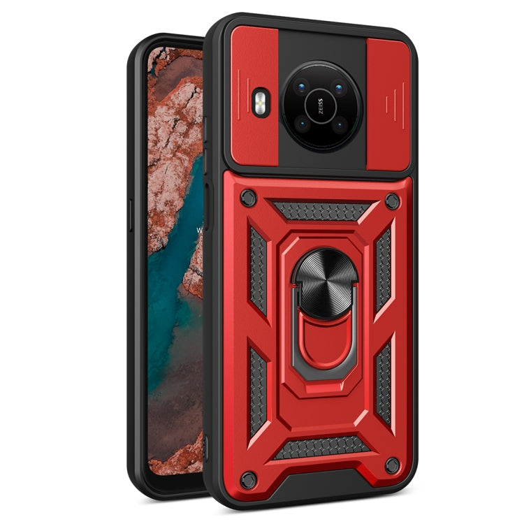 Rugged red phone case with sliding camera cover and built-in ring stand