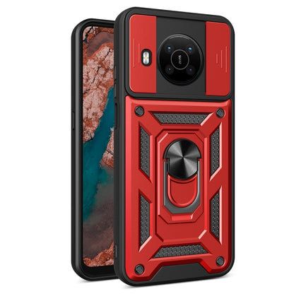 Rugged red phone case with sliding camera cover and built-in ring stand