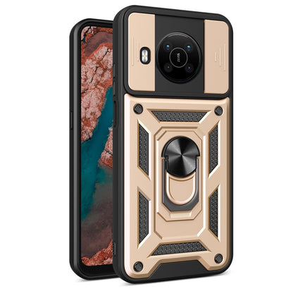 Rugged gold phone case with sliding camera cover and built-in ring stand