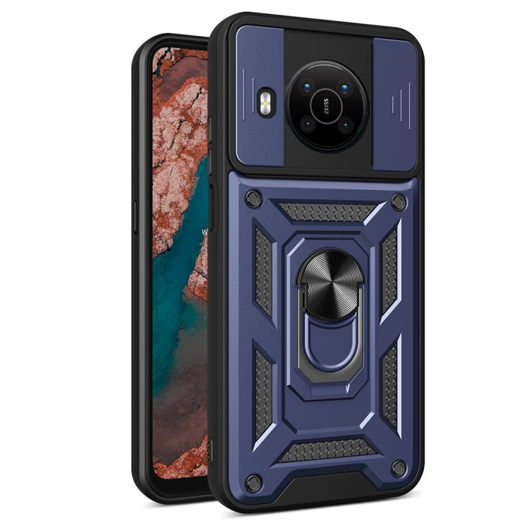Rugged blue phone case with sliding camera cover and built-in ring stand