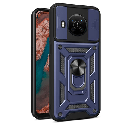 Rugged blue phone case with sliding camera cover and built-in ring stand