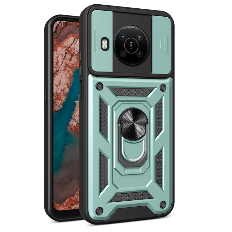 Rugged green phone case with sliding camera cover and built-in ring stand