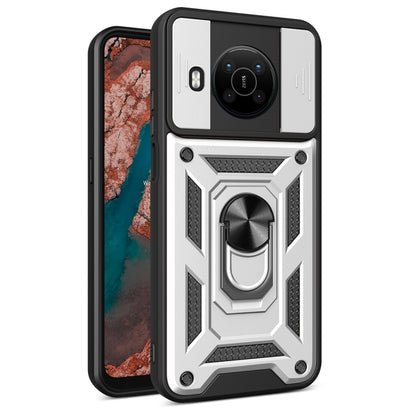 Rugged silver phone case with sliding camera cover and built-in ring stand