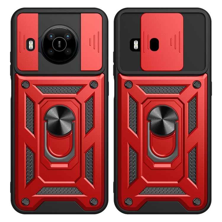 Rugged red-and-black phone case with sliding camera cover and ring stand, dual view