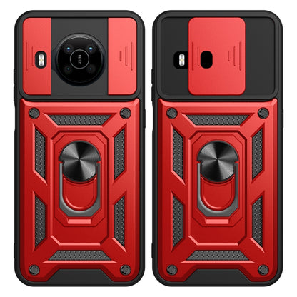 Rugged red-and-black phone case with sliding camera cover and ring stand, dual view