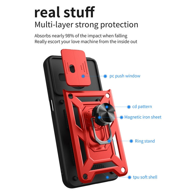 Rugged red-and-black phone case with sliding camera cover and ring stand