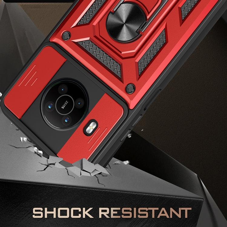 Rugged red-and-black phone case with ring stand and sliding camera cover