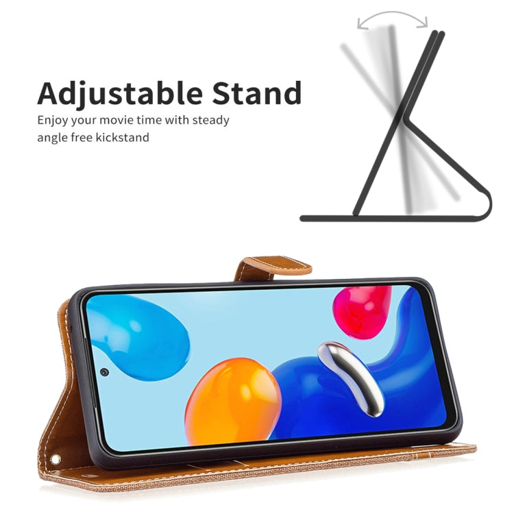 Brown textured wallet phone case with wrist strap, used as a tabletop stand