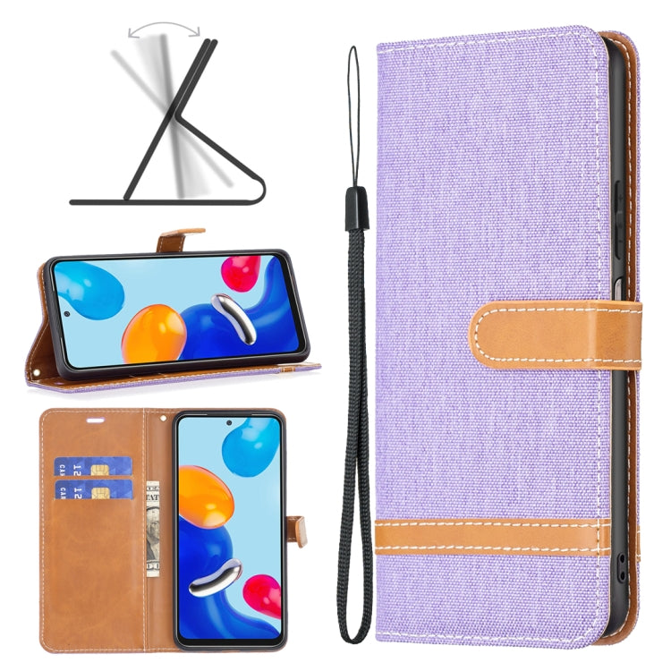 Purple fabric wallet phone case with tan card slot and wrist strap for phone protection