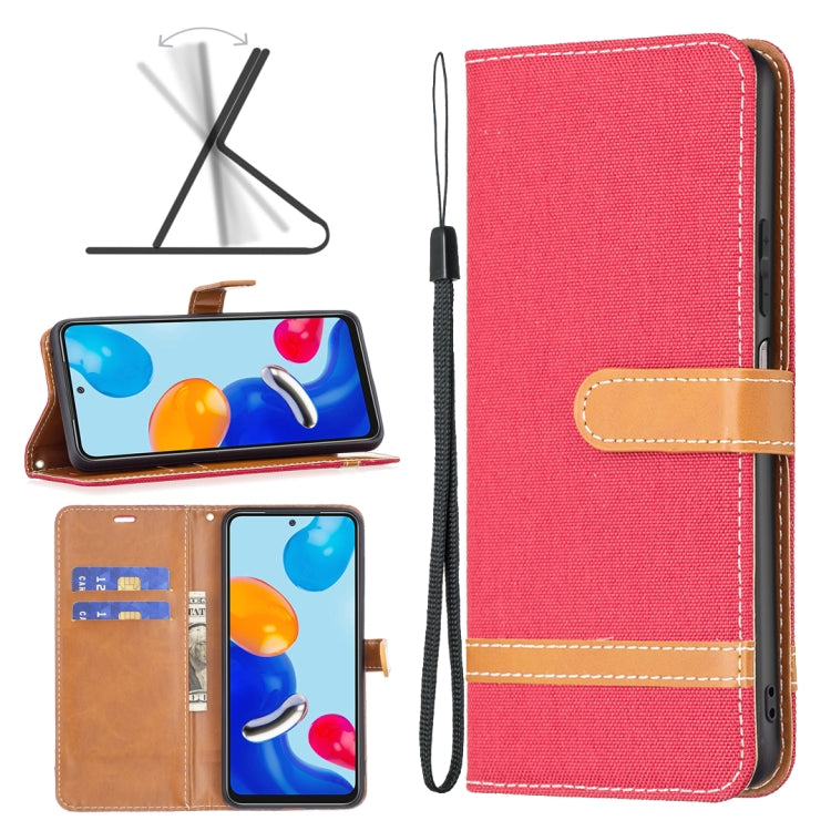 Rose red fabric wallet phone case with tan card holder and wrist strap, textured cover