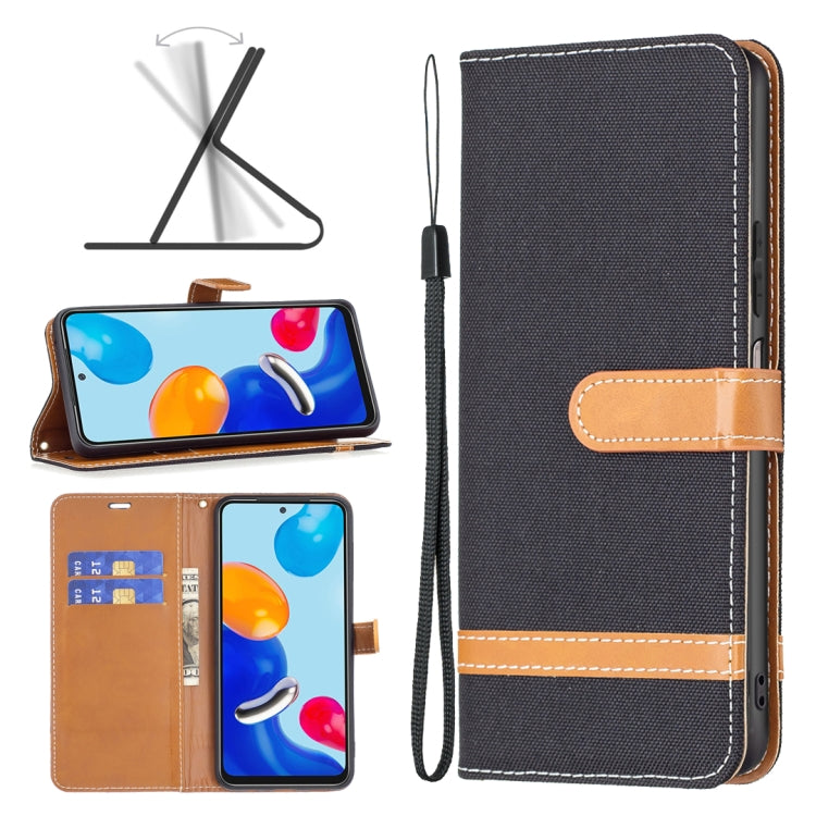 Dark fabric phone case with tan leather band and wrist strap, card pocket and stitching