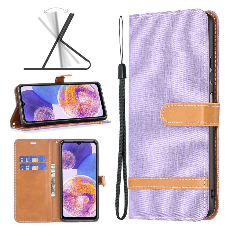 Purple fabric wallet phone case with tan card holder and wrist strap, front and back view