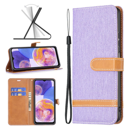 Purple fabric wallet phone case with tan card holder and wrist strap, front and back view