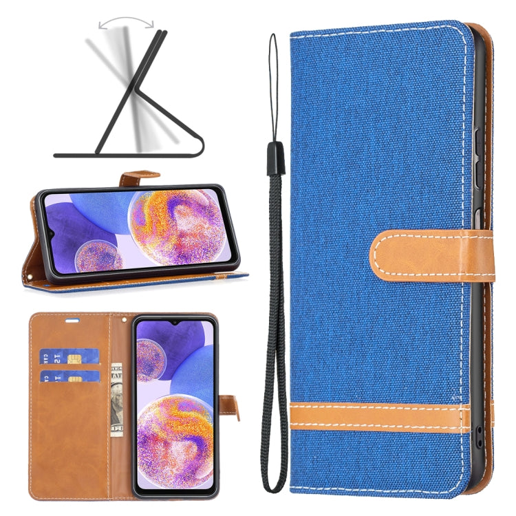 Royal blue fabric wallet phone case with tan card holder and wrist strap, protective flip
