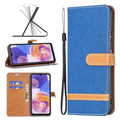 Royal blue fabric wallet phone case with tan card holder and wrist strap, protective flip