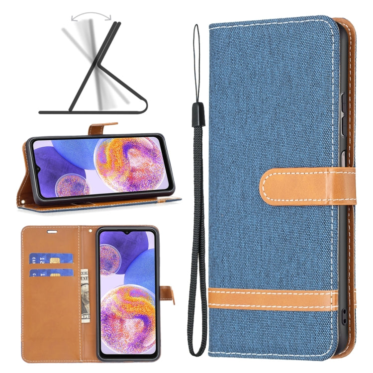 Steel blue fabric wallet phone case with tan card holder and wrist strap, flip cover