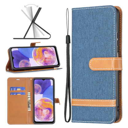 Steel blue fabric wallet phone case with tan card holder and wrist strap, flip cover