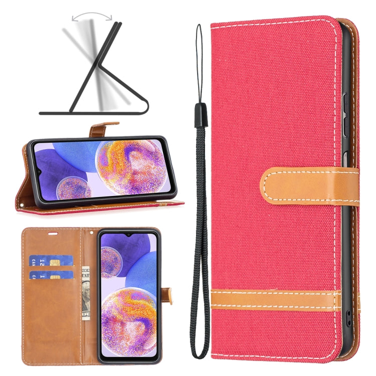 Rose red fabric wallet phone case with tan card slot and wrist strap, front and back view