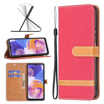 Rose red fabric wallet phone case with tan card slot and wrist strap, front and back view