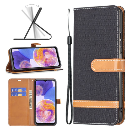 Dark textured fabric wallet phone case with tan leather accents and wrist strap, stitched edges