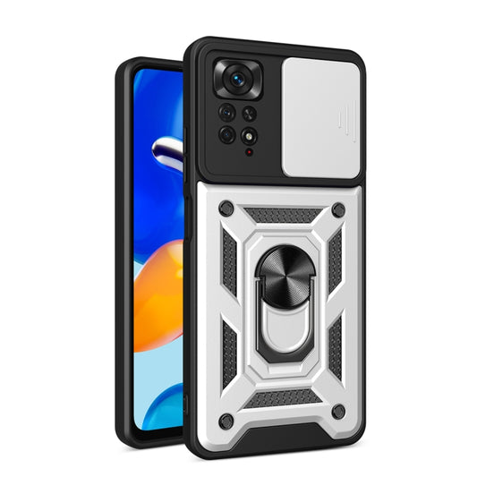 Rugged phone case with sliding camera cover, ring stand, and black/silver armor design